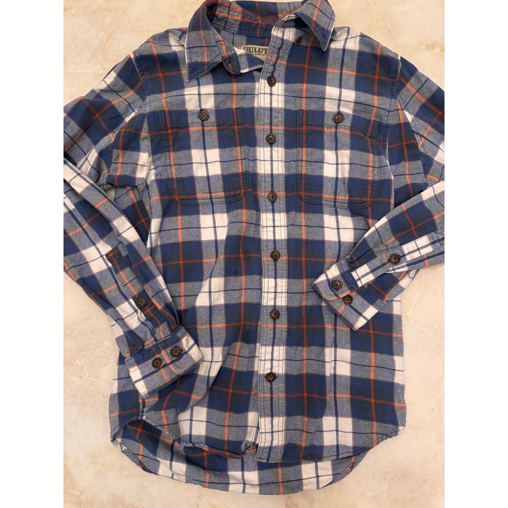Duluth Trading Co Mens Small Trim Fit Blue Orange Plaid Cotton Flannel Shirt